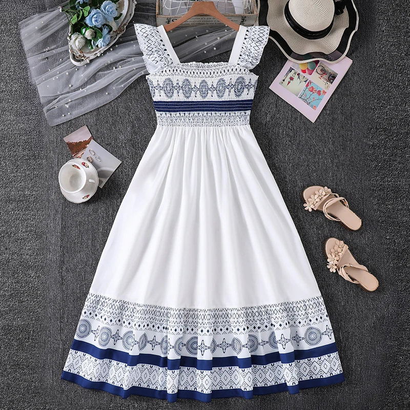 Teenager Bohemian Sleeveless Dress, Geometric Pattern Strap Elastic Waist Ruffle Hem Summer Daily Vacation Loose Swing Dress