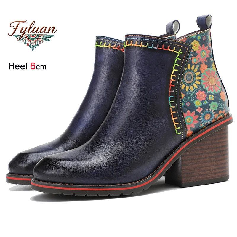 

2026 Retro Style Patchwork Autumn Winter Women's Bare Boots Coarse High Heels 6cm Round Toe Side Zipper Ankle Boots Ladies Shoes