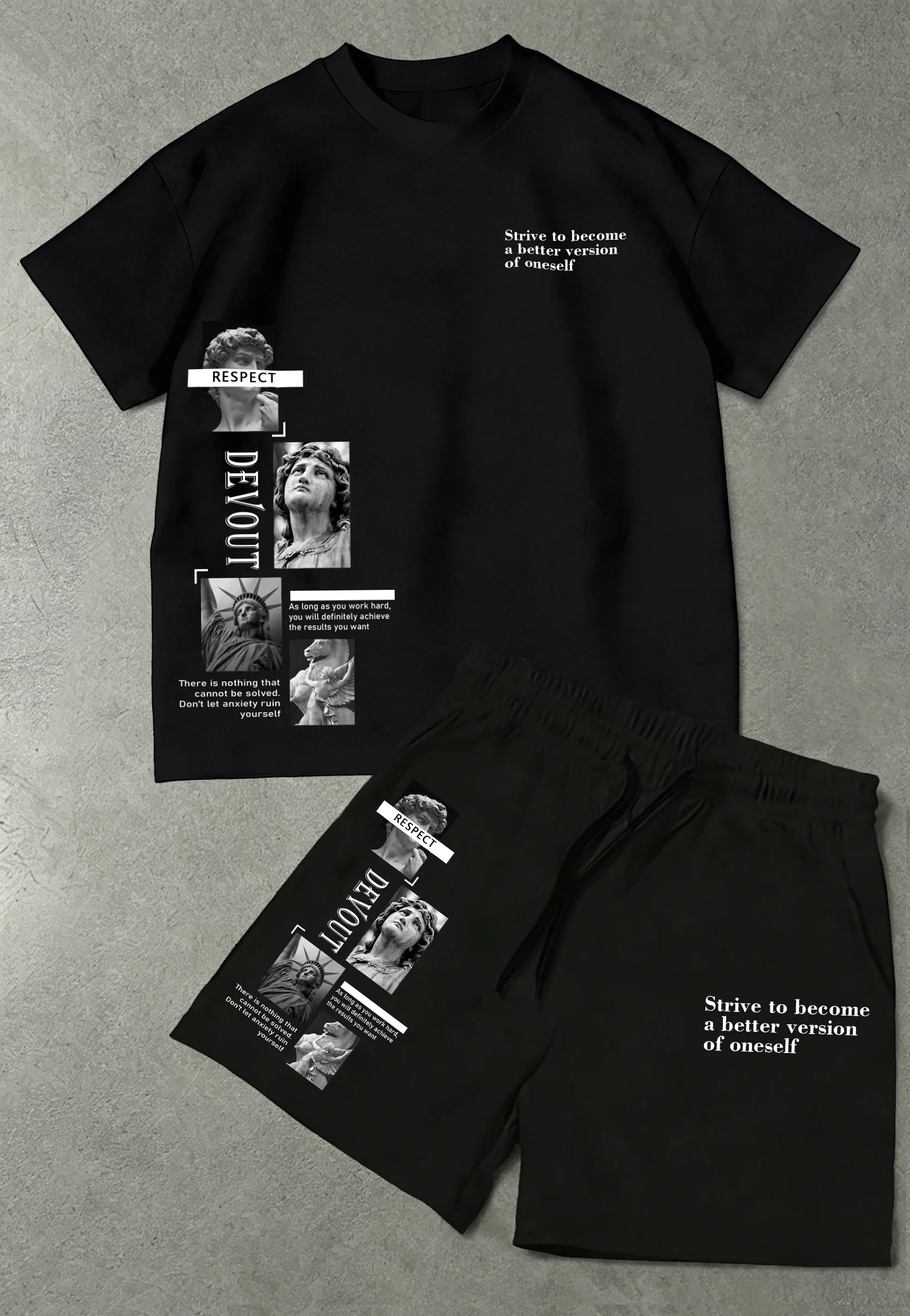 

Non-Cotton Statue Graphic T-Shirt & Shorts Set, Regular Fit Casual Streetwear Outfit for Daily & Weekend Wear