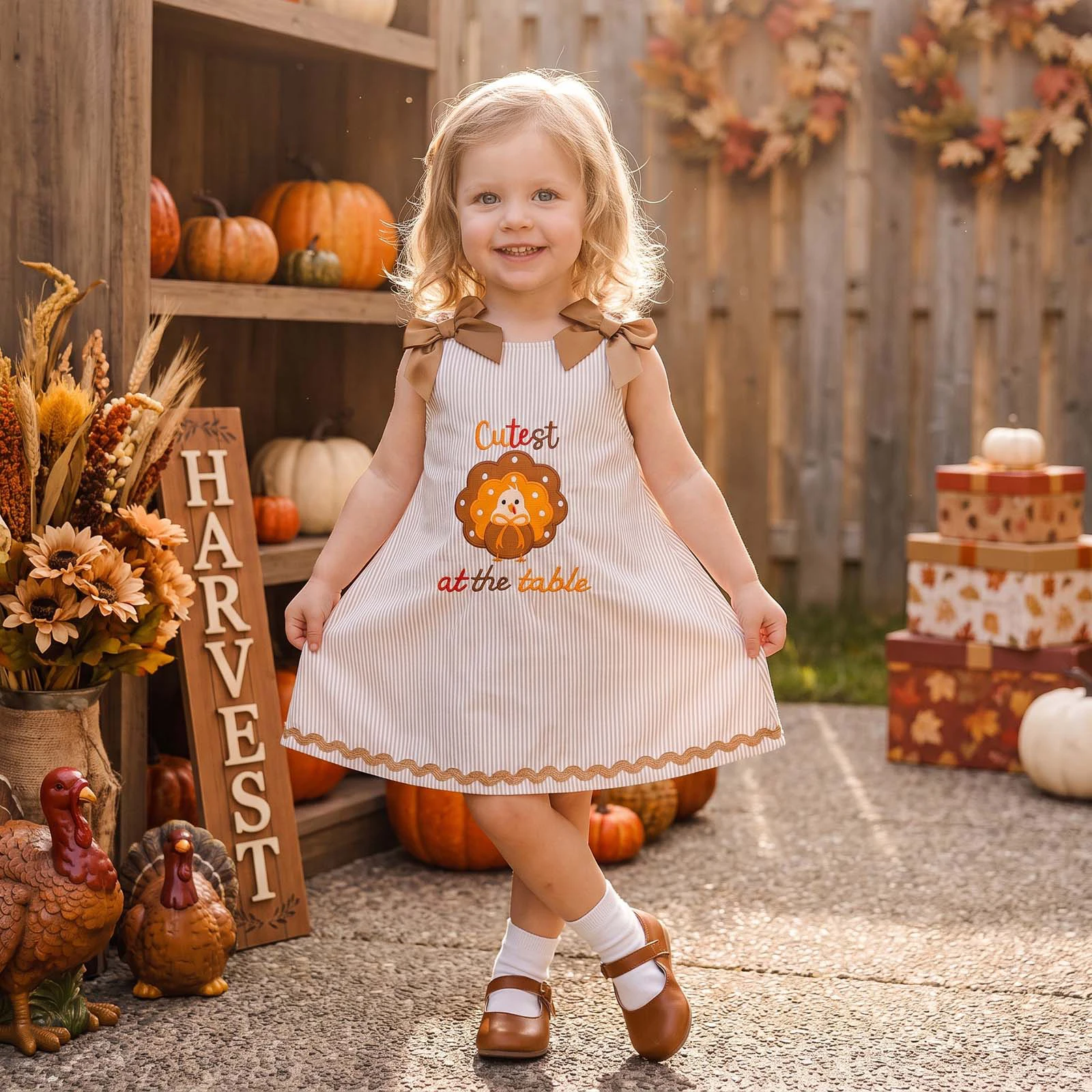 1-6Y Autumn Kids Girl Thanksgiving Dress Turkey Letter Embroidery Crew Neck Sleeveless Dress