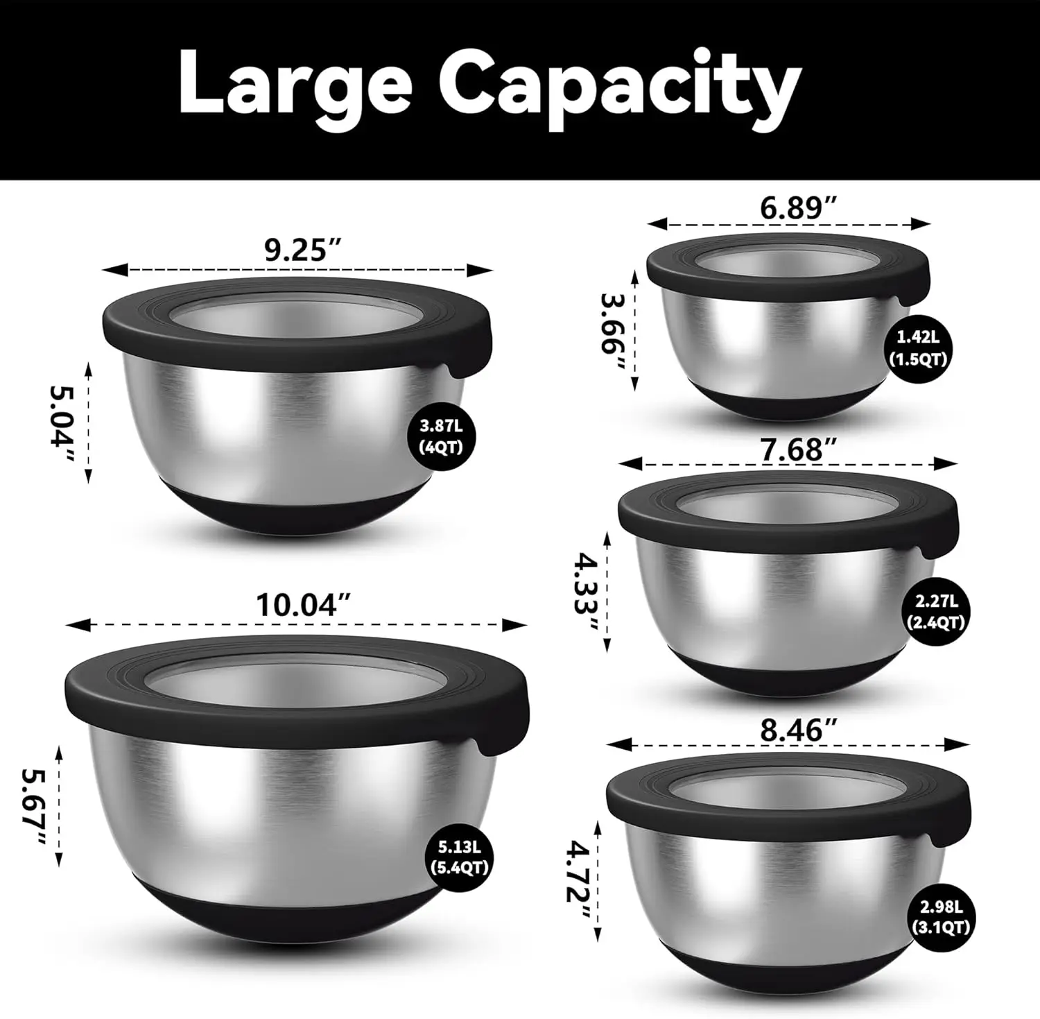 Stainless Steel Mixing Bowls with Airtight Lids Set of 5 Non-Slip Multi-Purpose for Cooking Baking Prepping & Food Storage