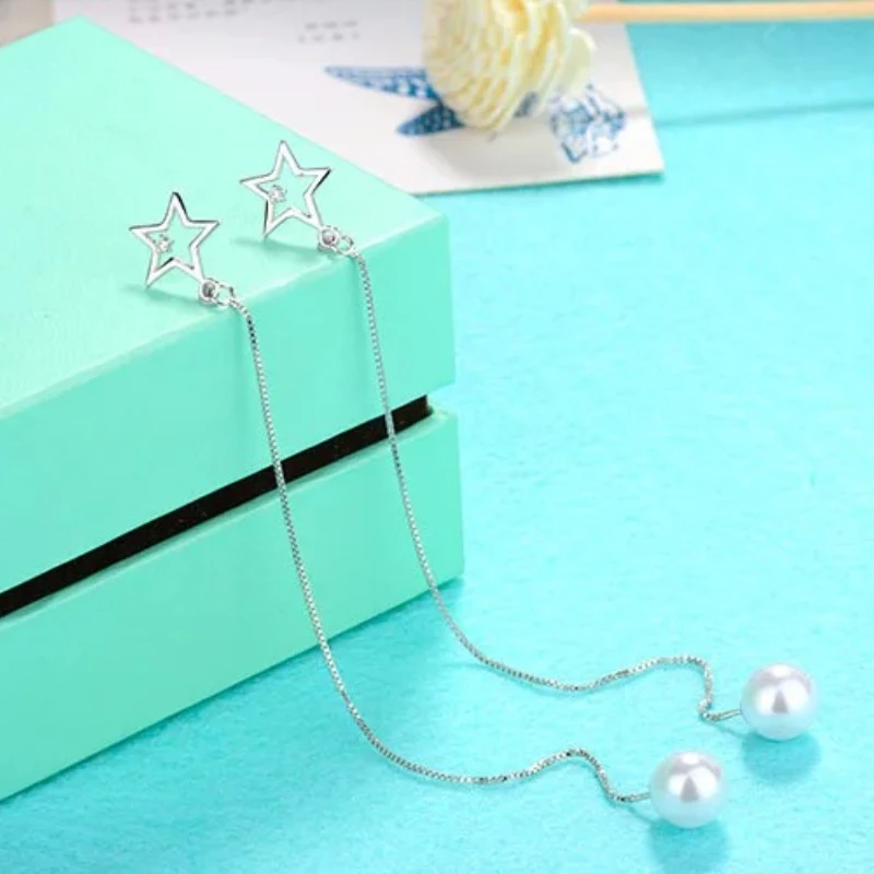 Simple 925 Silver Needle Tassel Earring for Women Five-pointed Star CZ Crystal 6mm Pearl Long Leave Ear Line Chain Drop Earrings