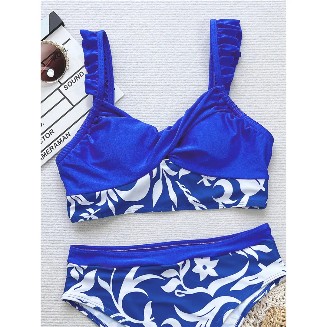 Bedruckter, gespleißter, gerüschter Damen-Badeanzug, Bikini mit hoher Taille, zweiteiliges Bikini-Set, Damen-Badebekleidung, Badeanzug, Schwimmanzug V5955 – Detail 10