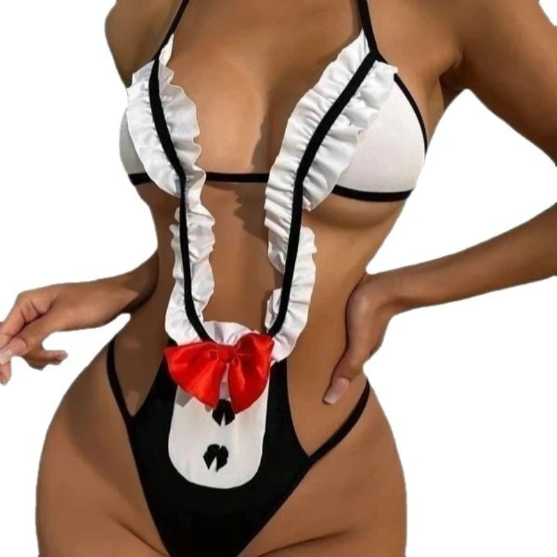 

Large Size Women Maid Cosplay Uniform Sexy Hollow Out Bodysuit Servant Bow MIni Swimsuit Anime Monokini Swimwear Bikini Lingerie