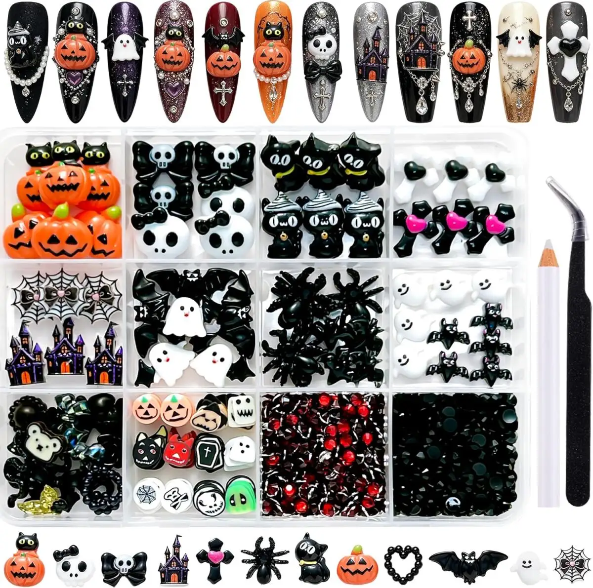 1Box 3D Multiple Styles Halloween Series Nail Charms Creative Ghost Bat Ancient Castle Pumpkin Mixed Nail Art Decorations DIY