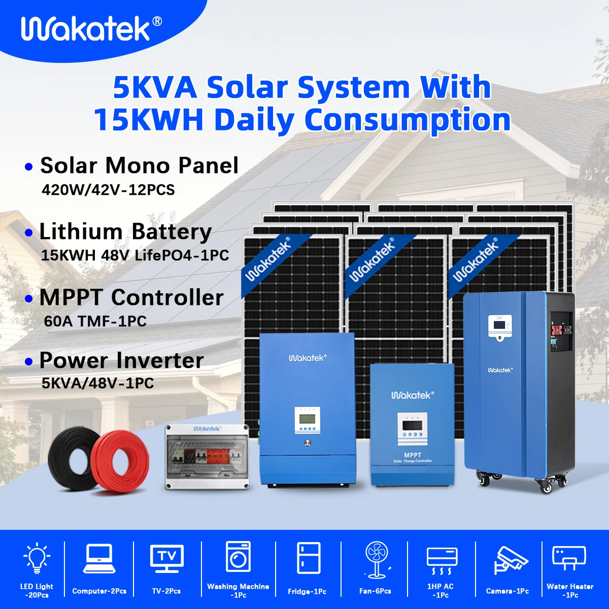 WAKATEK Complete Set 30Kw Solar Panels System 5000 W Off Grid Solar System 5000 Watts Solar Energy Home System 15KWh