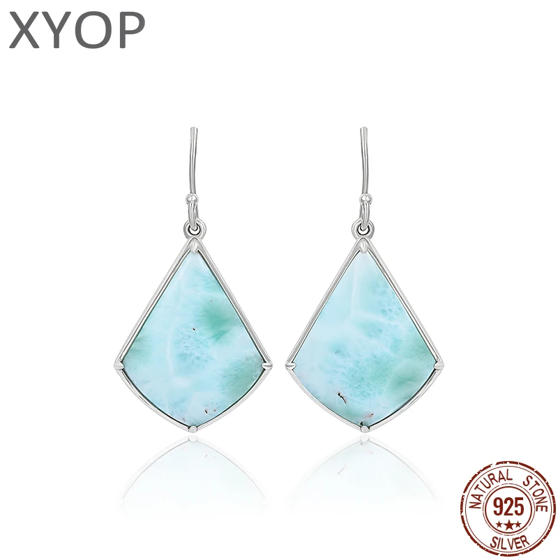 New Fashion Geometry Streamlined Long 925 Sterling Silver Jewelry Girl Natural Precious Larimar Earrings Women