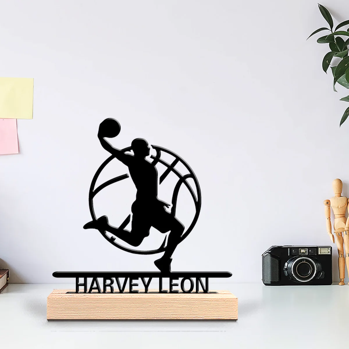 1pc Fashion basketball Customizable Letter Metal Statue Iron  With Wood Base Iron Statue With Wood Base Study Desktop Decoration