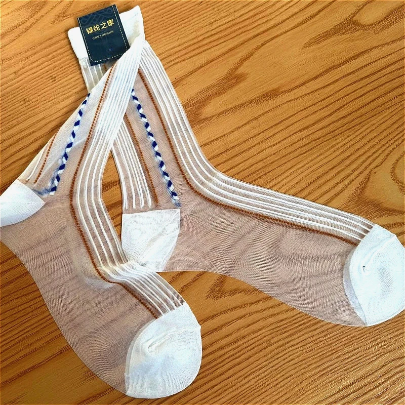 

Mens Dress Socks Classic Vintage Elastic Striped Nylon Business Socks for Men Summer Transparent Hollow Sheer Mid Tube Socks