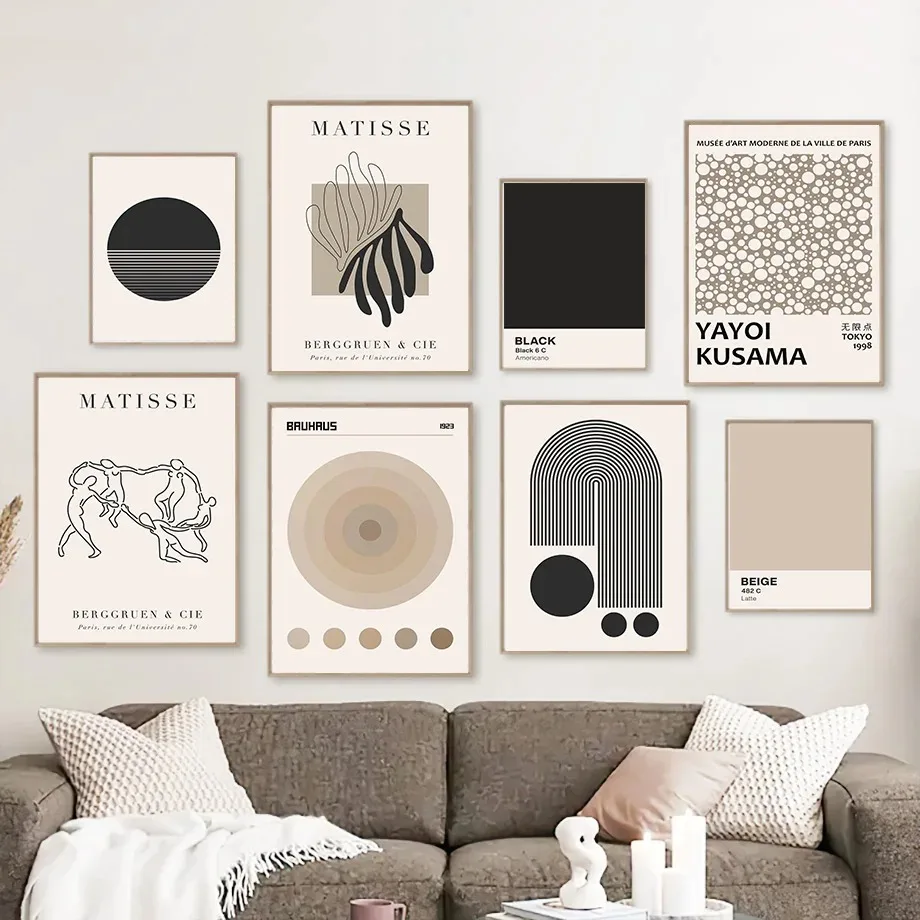 Beige Schwarz Bauhaus Matisse Yayoi Kusama Kreis Wandkunst Leinwandgemälde Poster und Drucke Wandbilder für Wohnzimmer Dekoration