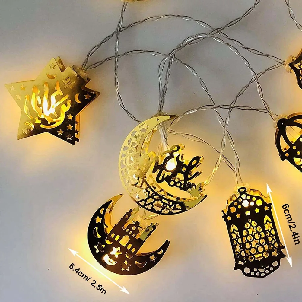 BFYLE 10 LED Decoraciones doradas de Ramadán Decoración Eid Linterna de luna y estrella Luces de Ramadán con pilas, Cadena de luces para fiesta de Ramadán