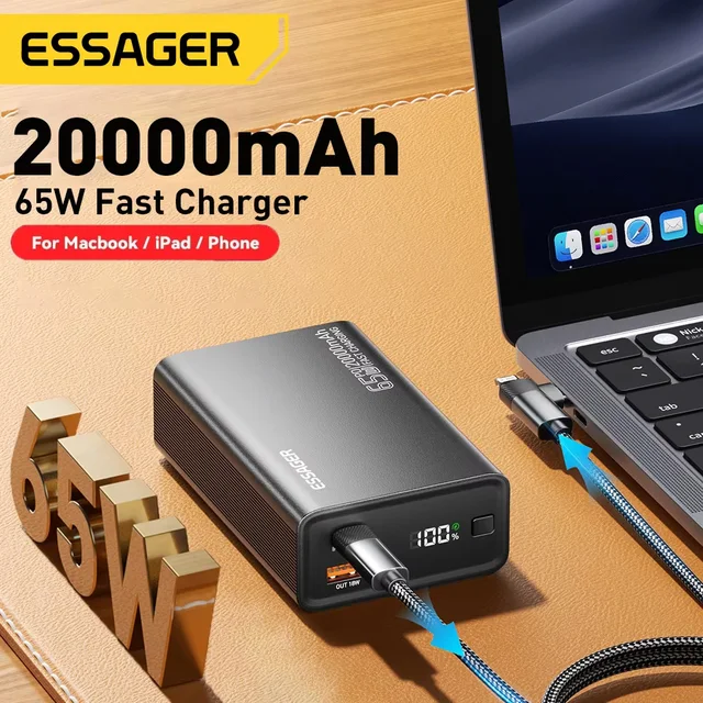 Essager Power Bank 20000mAh przenośny PD 65W szybkie ładowanie telefonu komórkowego bateria zewnętrzna Powerbank do telefonu Laptop Tablet Mac