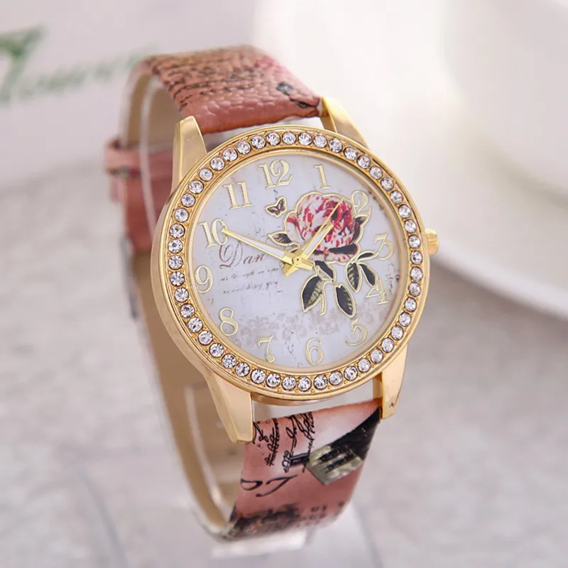 fashion Women rhinestone Rose flower pattern PU leather quartz Watch