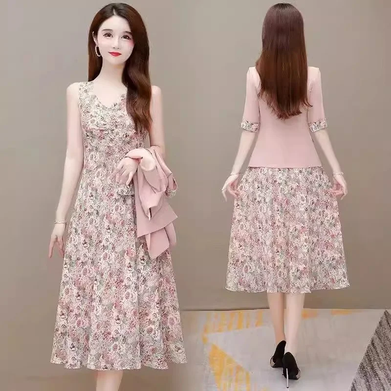 Pink Blazer And Floral Dress Suits 2025 New Ladies Slim Fit Mid Lngth Summer Set Dress Two Piece Set for Women Dress Spring Tdl