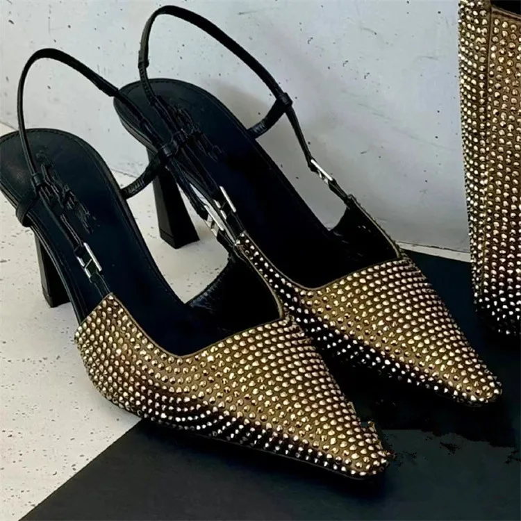 High heels, women's gold iron toe, socialite, patent leather, black women's shoes, slim heels, sexy small square toe