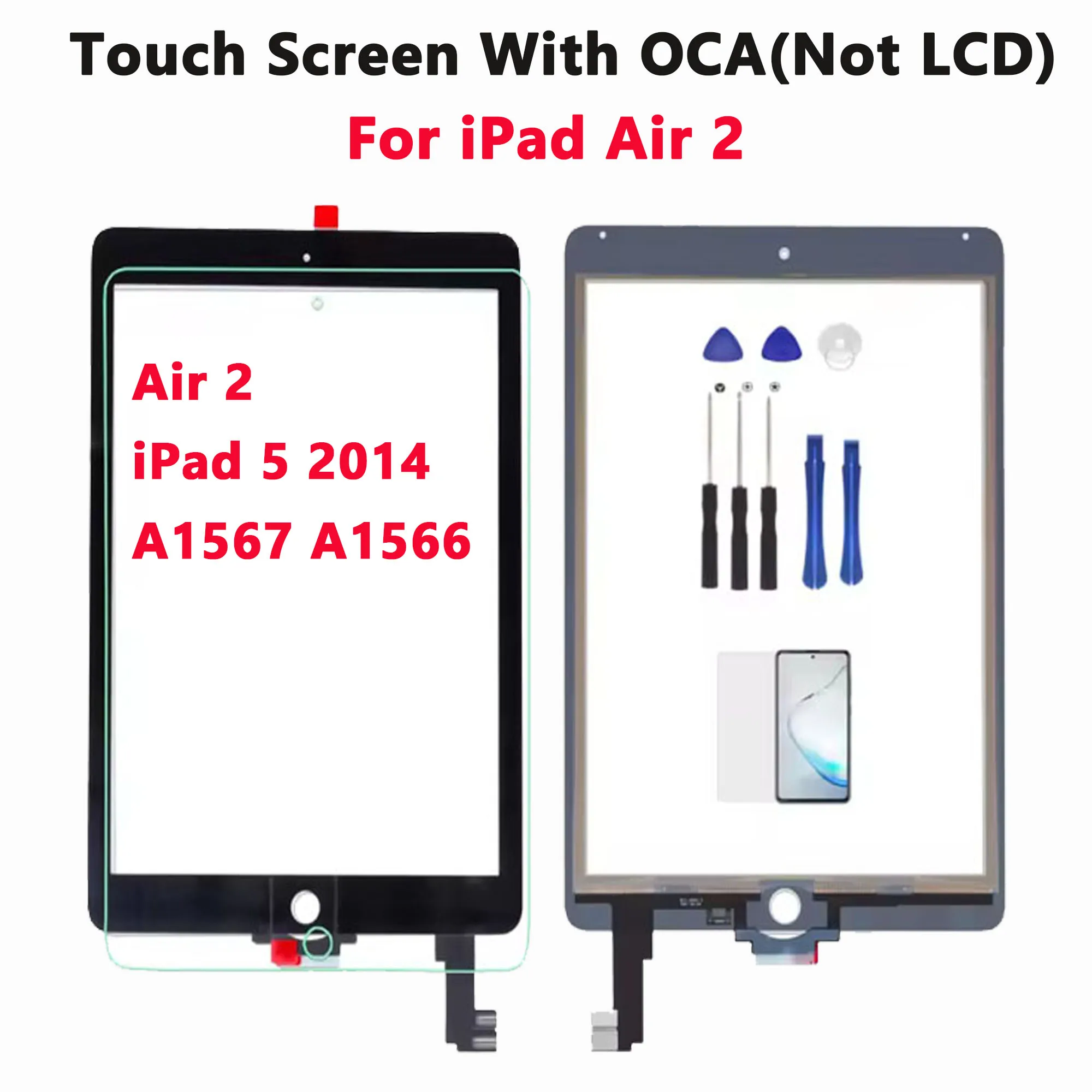 

Для iPad Air 2 iPad 5 2014 A1567 A1566 Стеклянный дигитайзер сенсорного экрана с гибким кабелем Бесплатные инструменты с закаленным стеклом