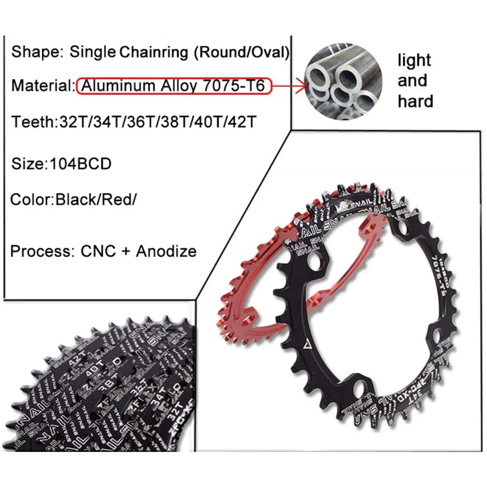 Caracol redondo 104bcd: coroa dentada para bicicleta, coroa dentada 32t, 34t, 36t, 38 dentes