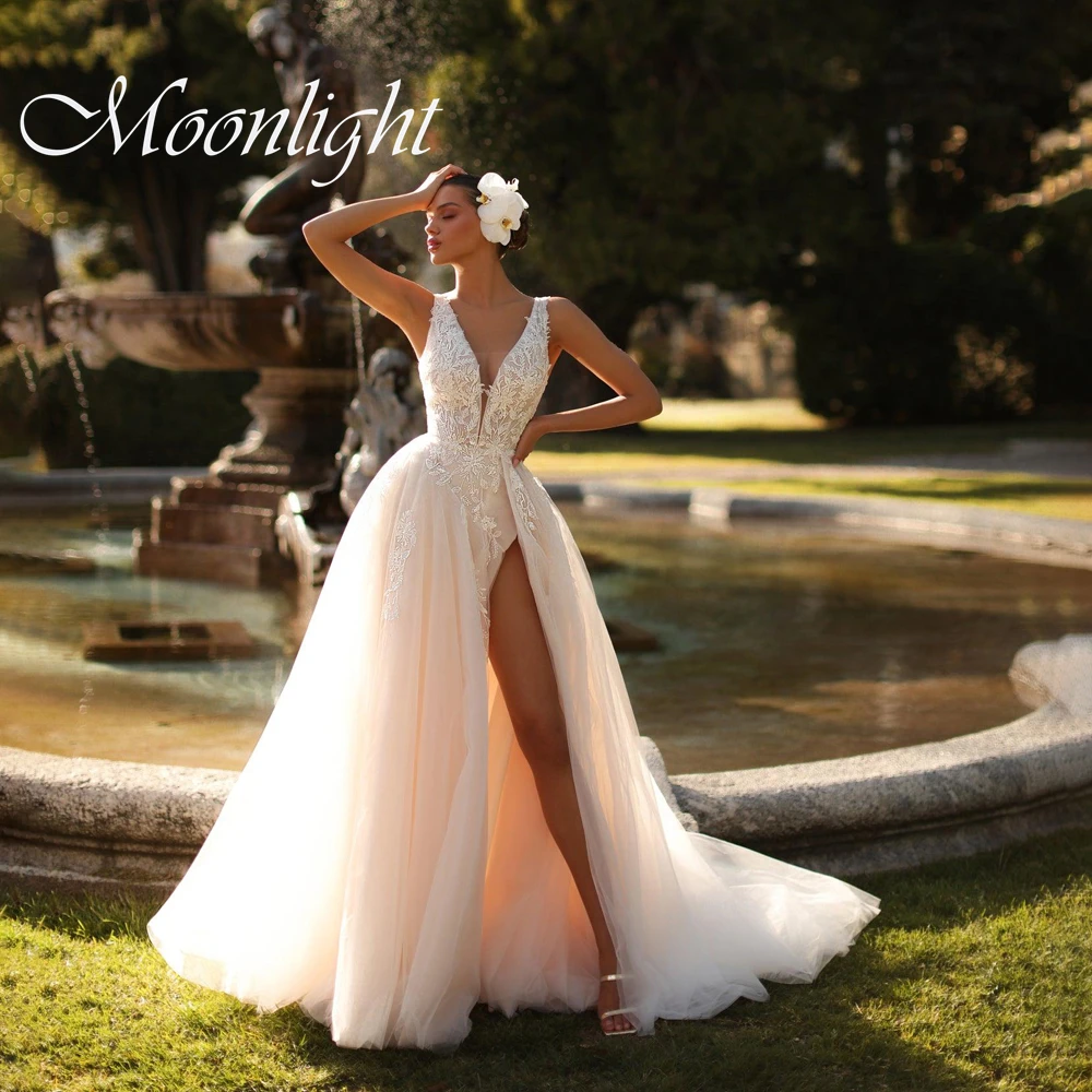 Sexy Kant A-lijn Trouwjurk Geappliceerd Hoge Kant Split Open Rug Spaghettibandjes V-hals Plooi Vestidos De Novia Aangepaste