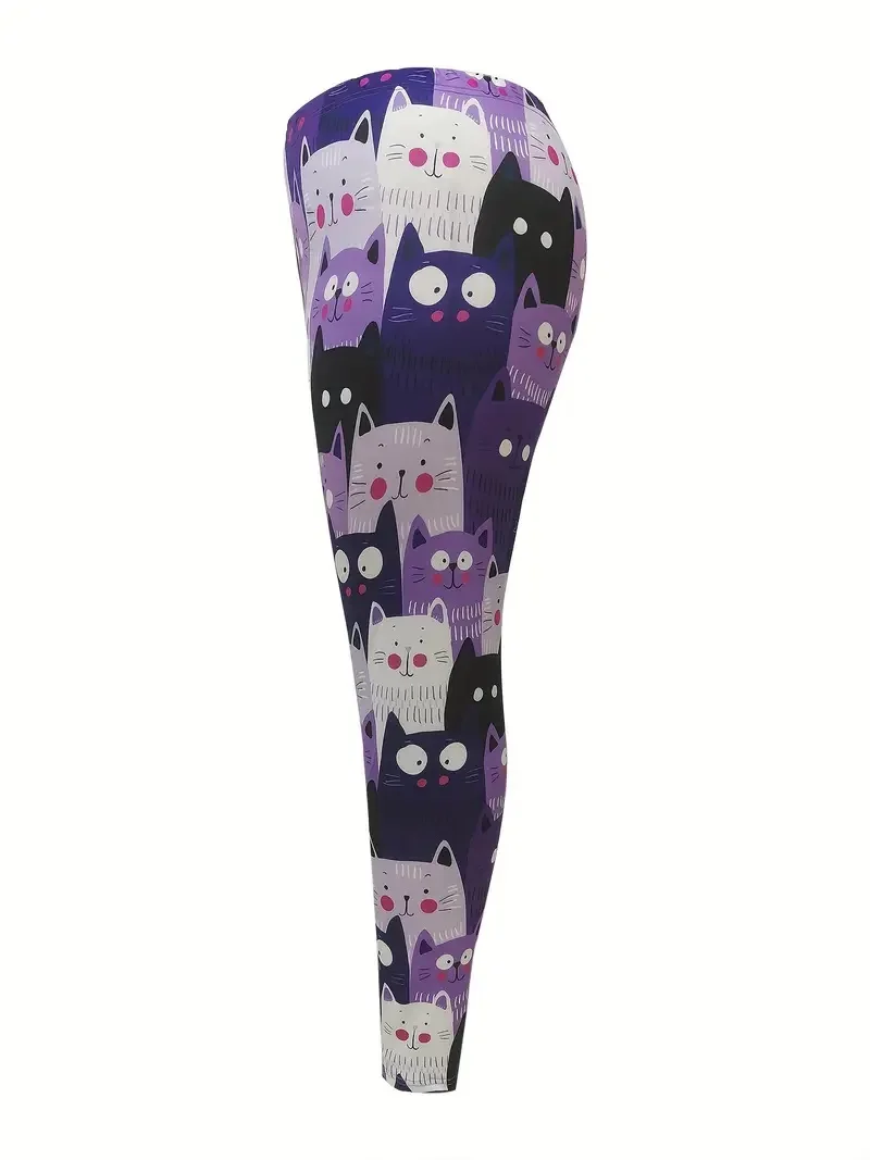 Cute crowded cat print casual stretch leggings for women