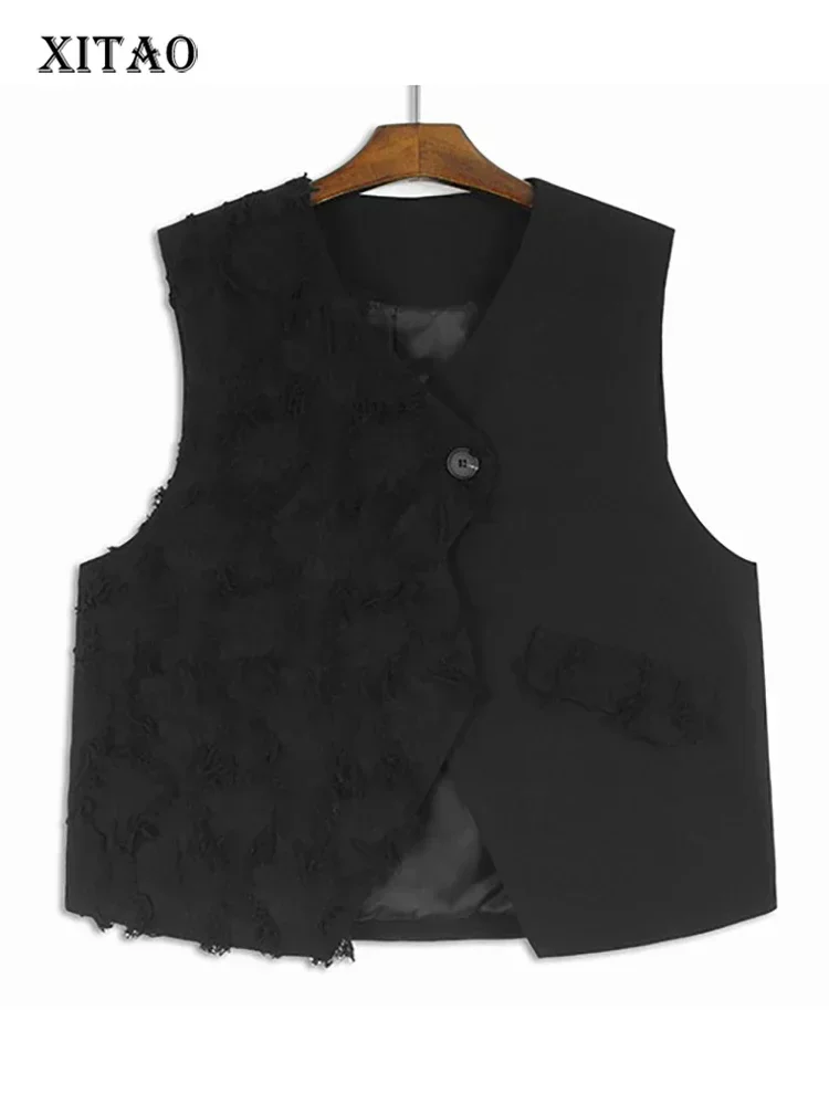 

XITAO Asymmetrical Tassel Single Button Vests V-neck Solid Color All Match Casual Fashion Loose Tops 2025 Autumn New HQQ2413