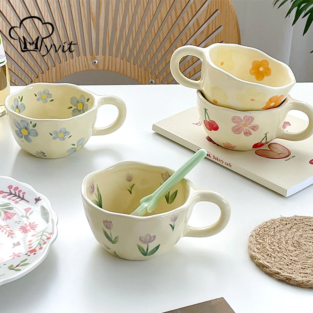 Ceramic Mugs Coffee Cups Hand Pinched Irregular Flower Milk Tea Cup Ins Korean Style Oatmeal Breakfast Mug Drinkware Kitchen