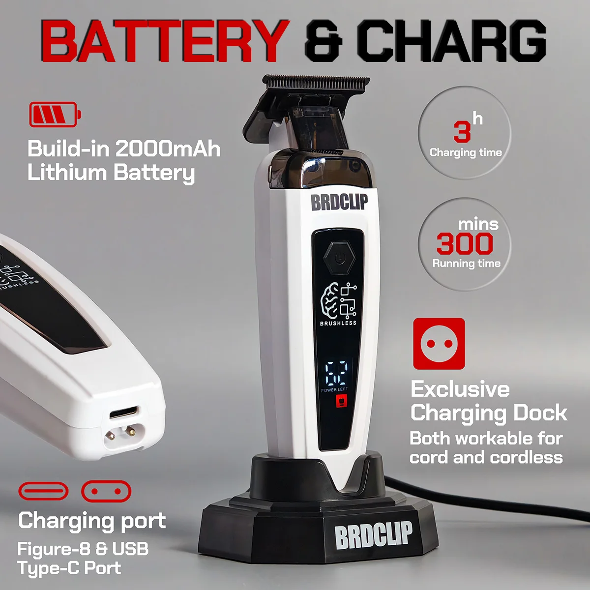 الأبيض BRDCLIP فرش السيارات مقص الشعر 7500 دورة في الدقيقة رقيقة جدا تتحرك شفرة قاعدة المغناطيسي الغطاء العلوي اللاسلكي المتقلب