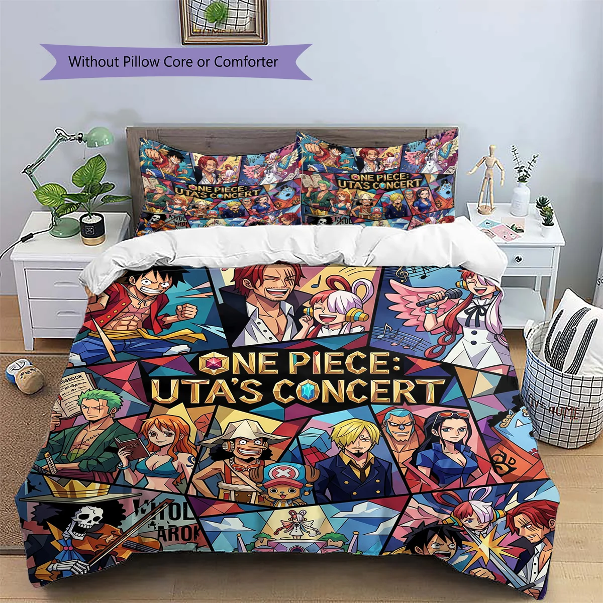 One Piece Patterned Pillowcase & Duvet Cover Set 3-Piece Anime Bedding Decor Great Gift for Fans YUN6516
