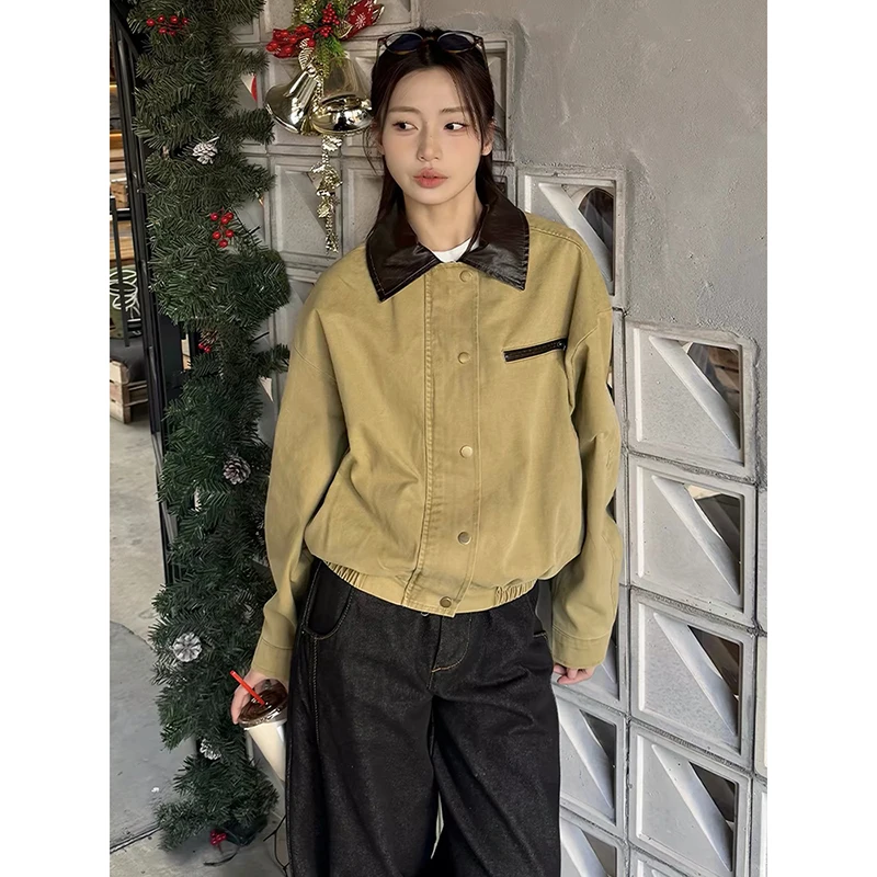 YIBASHU Winter Women 2000s Splice Jacket Coat Y2k Outwear Korean Harajuku College Style khaki Jacket Designer American Retro