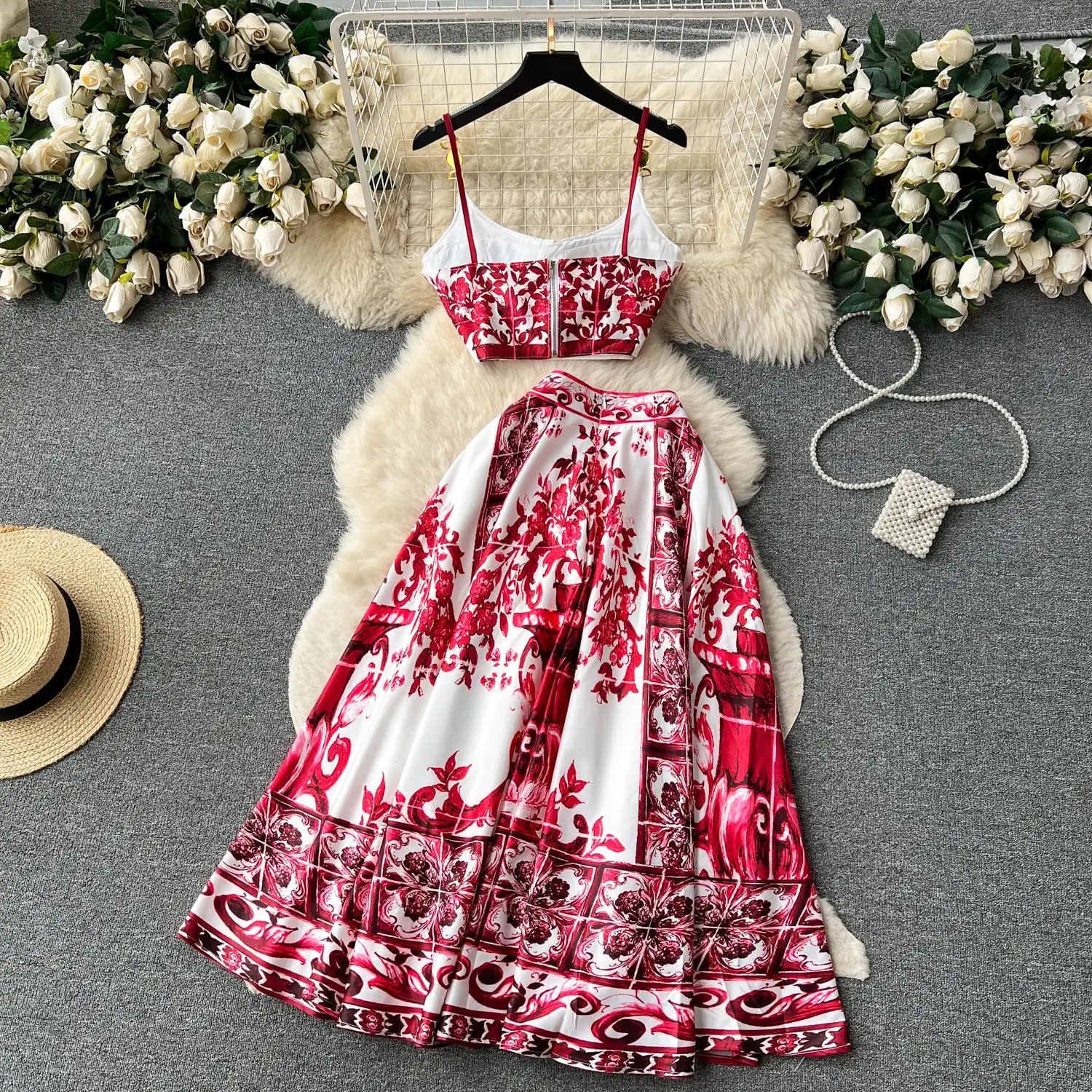 Summer Holiday Red Blue And White Porcelain Two Piece Set Women's Spaghetti Strap Padded Cup Zipper Short Tops+Long Skirt Suits