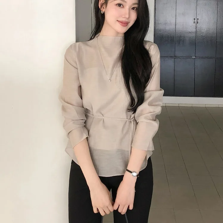 Korean Style Half High Collar Micro Transparent Waist Belted Shirt Strap Vest Two Piece Set Women's Straight Cut Long Sleeve ...