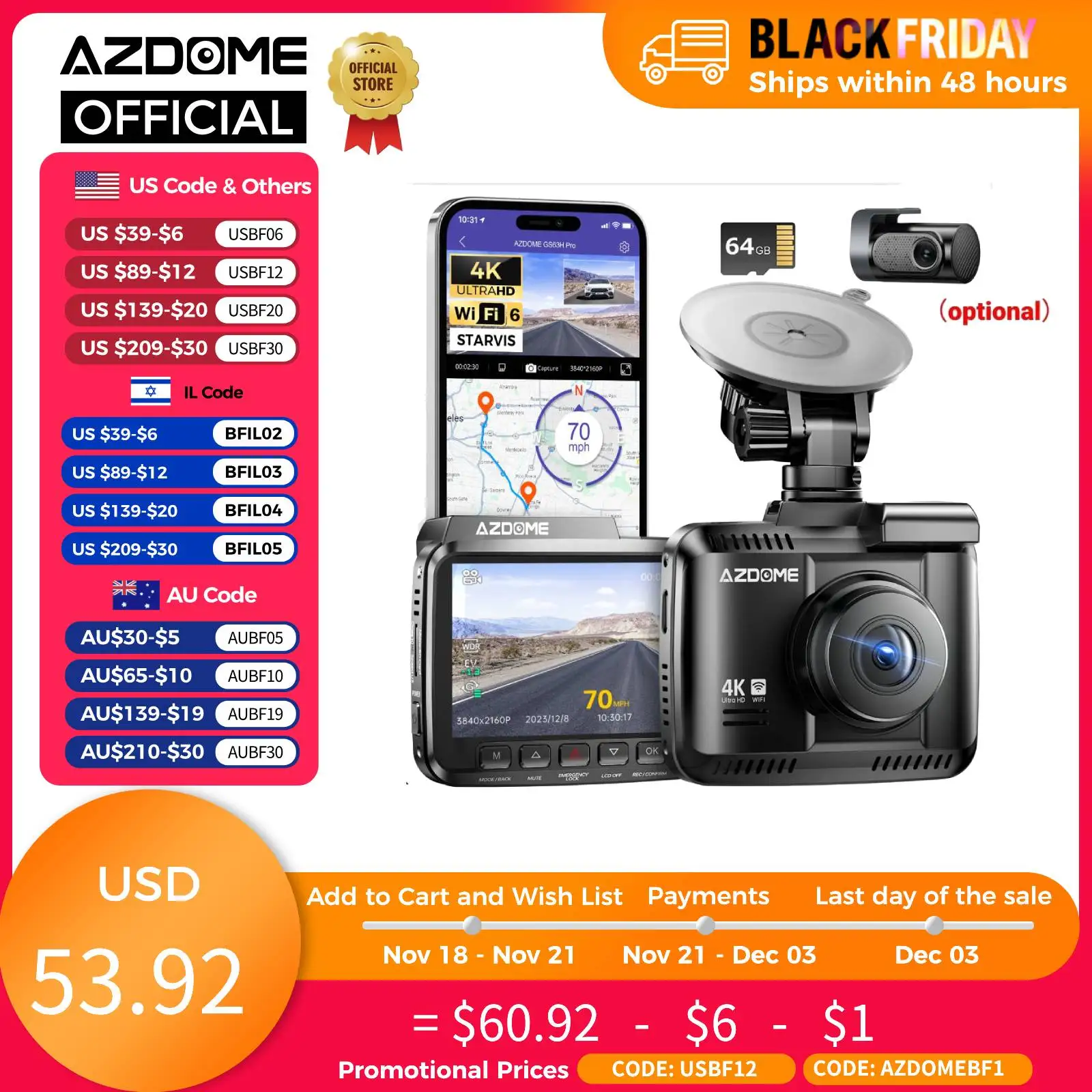 AZDOME GS63H Pro 4K Dash Cam Front Camare Built-in GPS WIFI 6 Car DVR 24H Parking Monitor Black Box Support Rear Cam optional