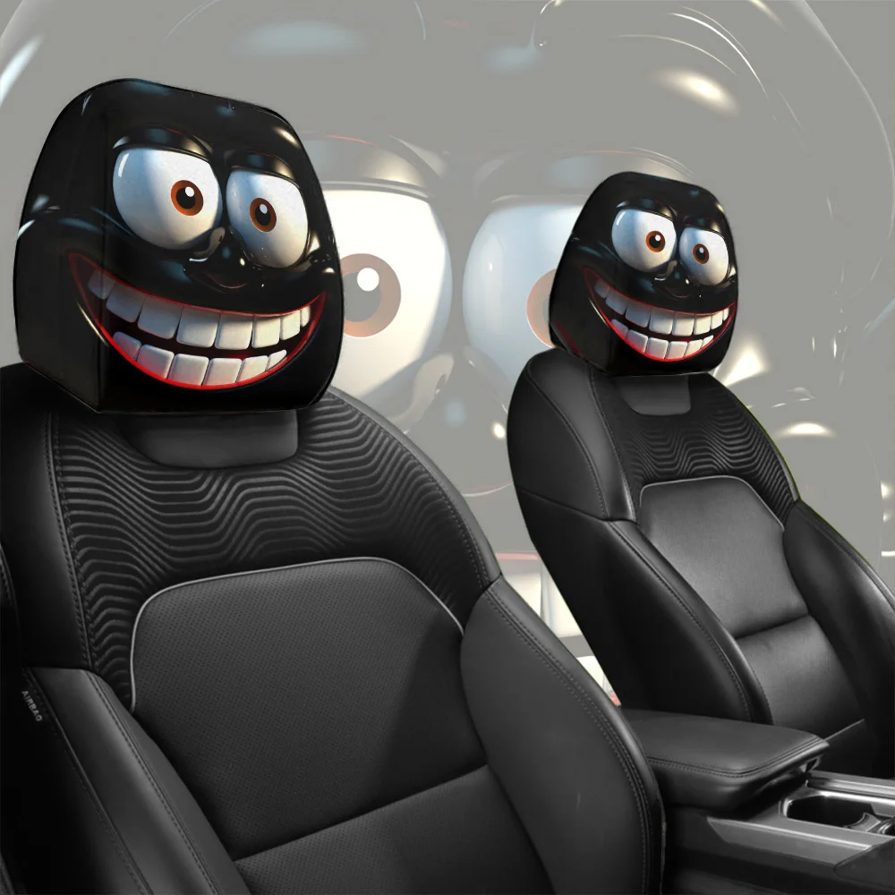 Two black smiley face car headrest covers with expressive eyes and sharp teeth, holiday gifts, anti-oil and anti-stain