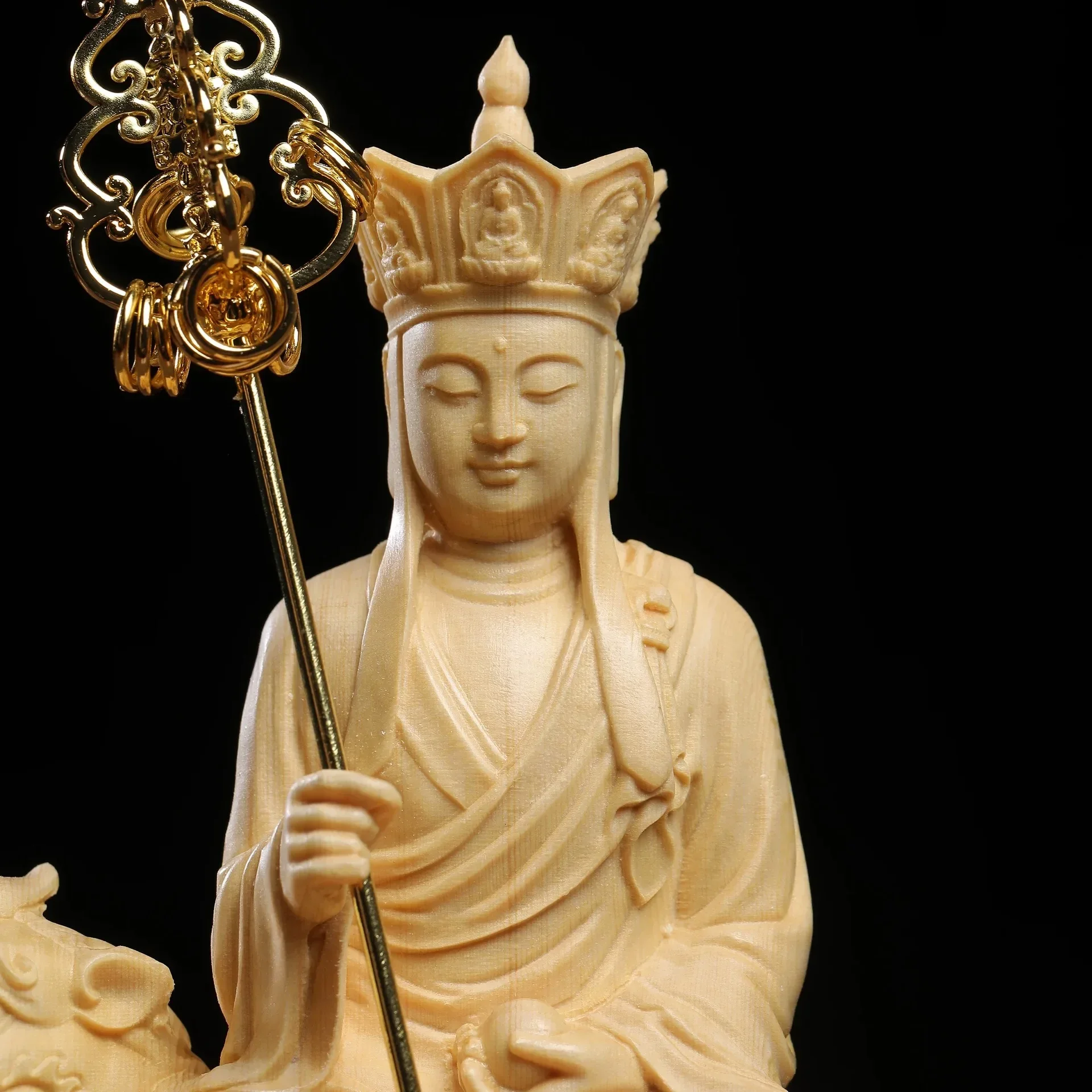 TQH-i7.7 juniper carving Riding Beast Listening to Kizo King Buddha Statue Home Temple Statue Ornament Home Chinese Decoration