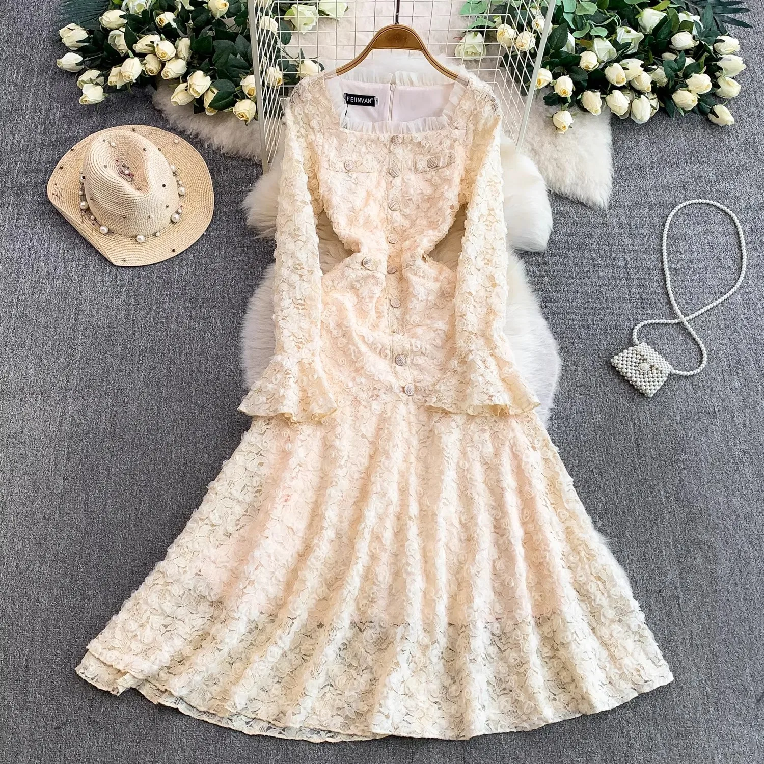 Robe de soirée formelle de luxe en dentelle 3D, motif floral, simple boutonnage, manches longues évasées, ligne a, robes de soirée, automne