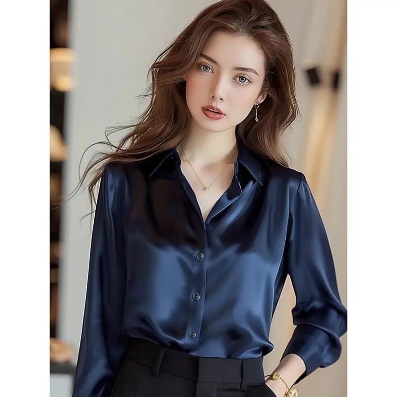 2025 Summer Women's Satin Shirts Elegant Plain Long Sleeve Blouse Office Lady Button-Up Shirt Top Female Shirts Blouse Autumn