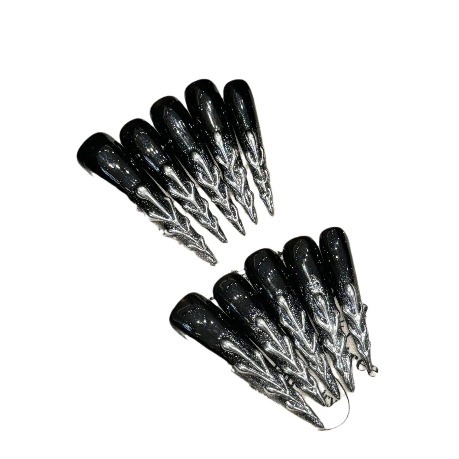 10pcs Handmade False Nails Black Metal Sliver Tree Decor Long Pointed Fake Nails Reusable Wearable Punk Style Press on Nails