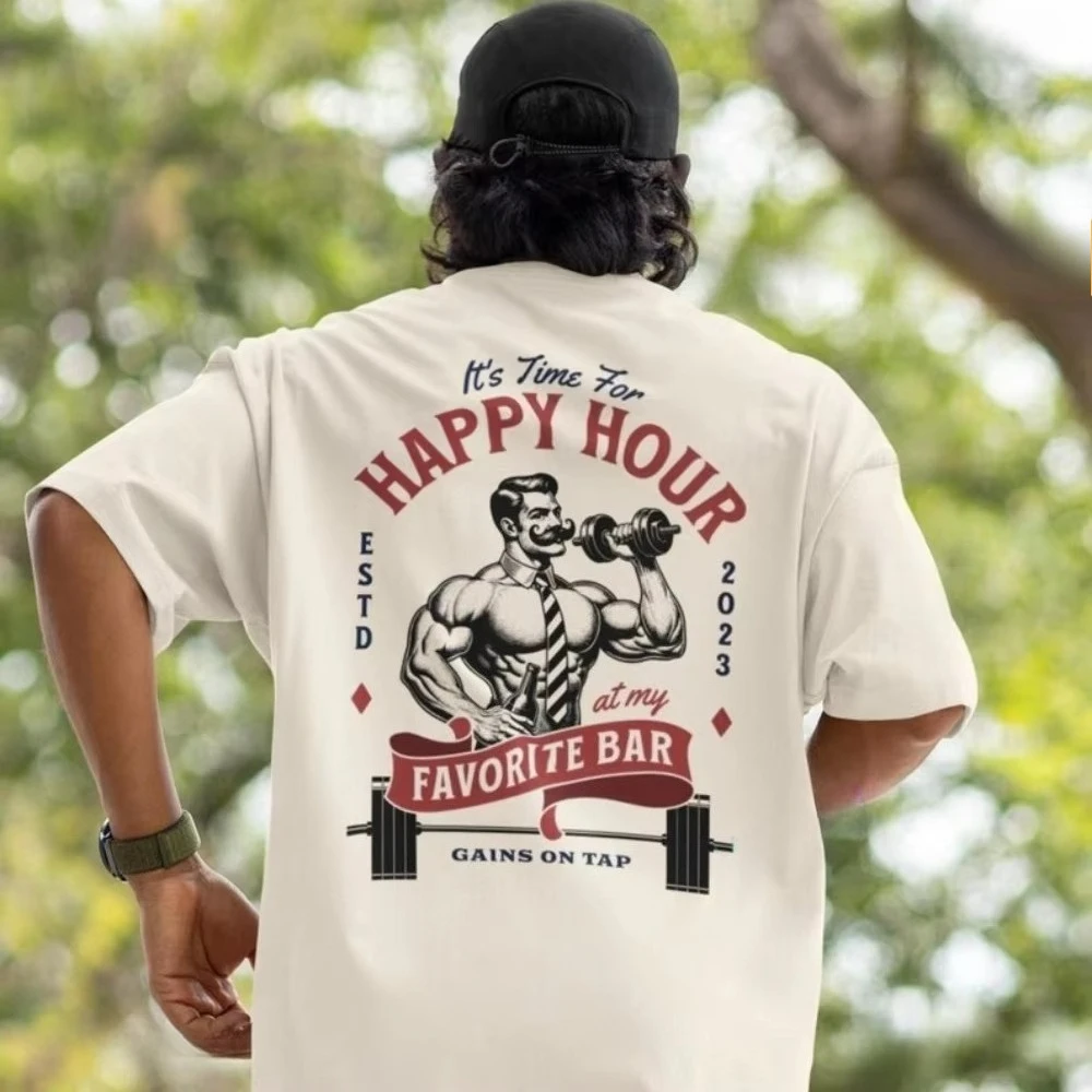 Happy Hour At The Gym Funny Workout Gift for Lovers Pump Cover Meme Graphic T Shirts Weightlifting Woman Man Harajuku Clothes