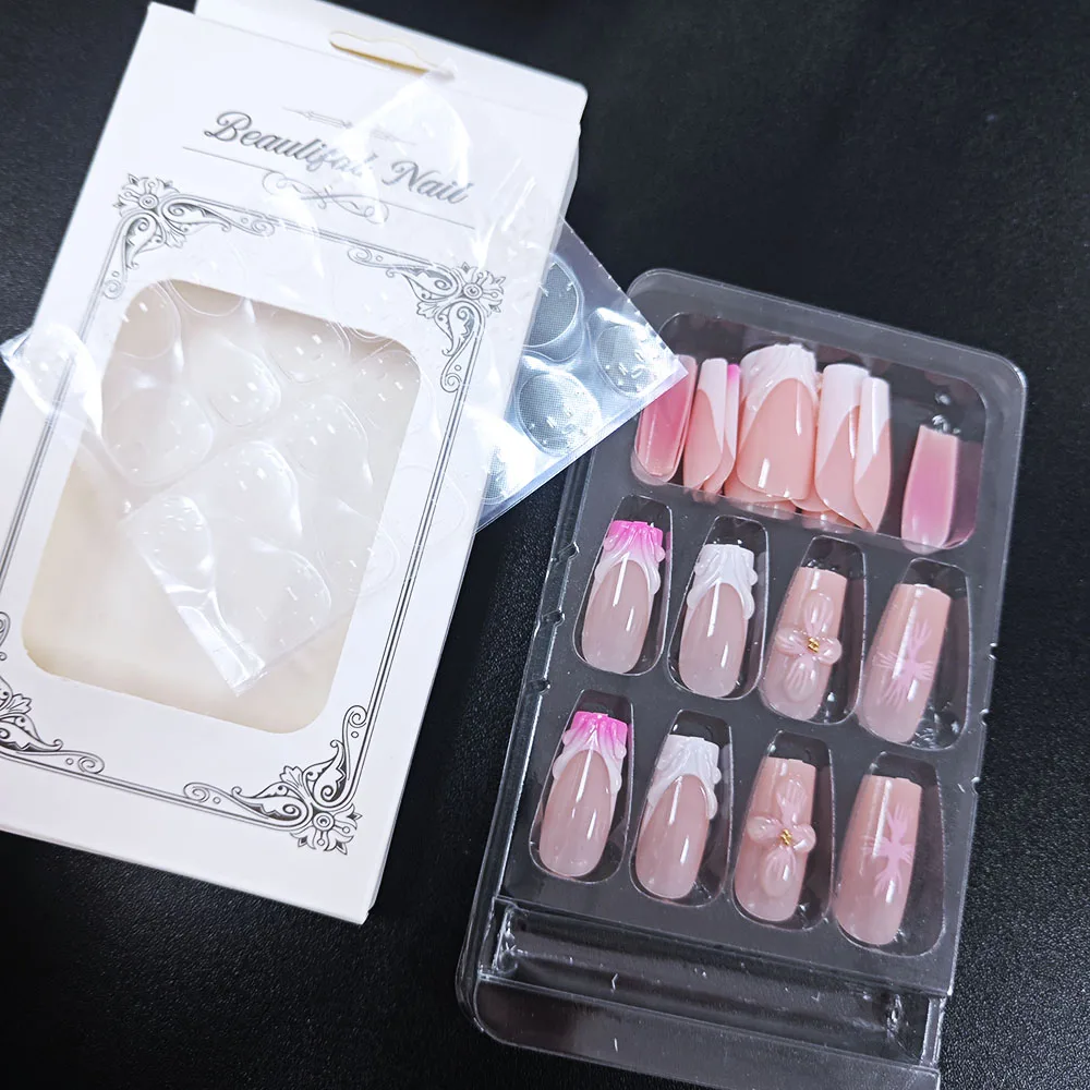 24 قطعة/محاصر التدرج الوردي الزهور الأظافر وهمية مع ثلاثية الأبعاد نحت زهر الزهور اضغط على الأظافر عيد الميلاد يمكن ارتداؤها أظافر صناعية مجموعات