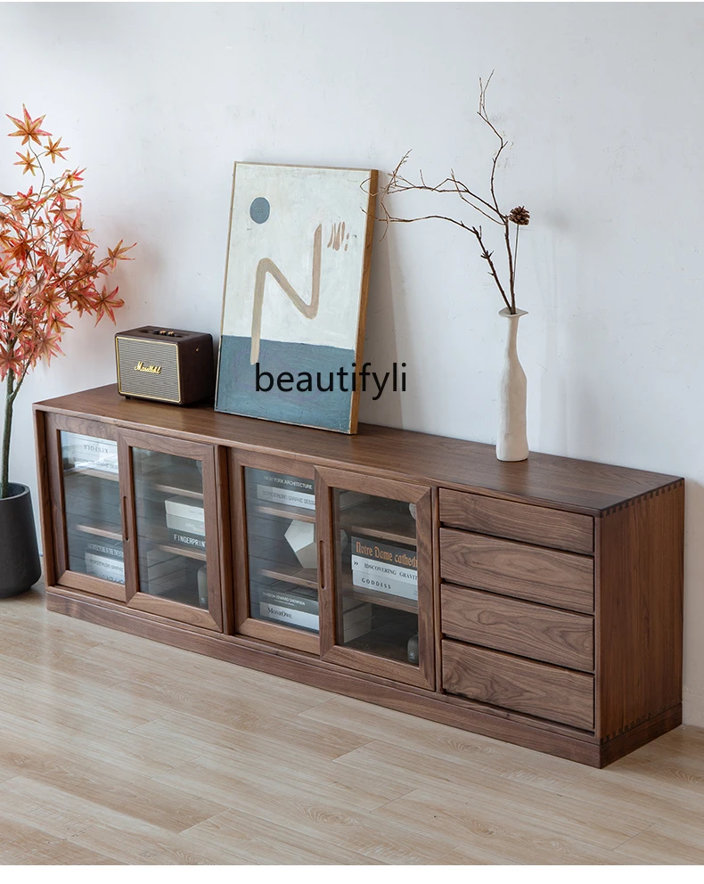 

Nordic Solid Wood Bookcase Black Walnut Combination Dustproof Glass Floor Storage Cabinet Sideboard Cabinet Low Cabinet