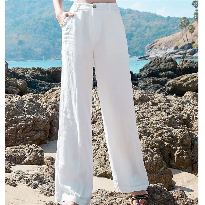 Summer Cotton Linen Pants Women Elegant High Waist White Wide Leg Pants Woman Casual Loose Straight Full Trousers Female