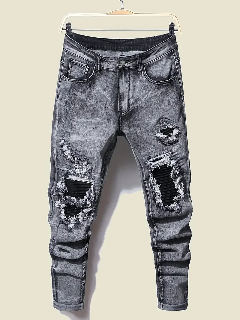 Men Skinny Denim Spot Jeans Male Patchwork Holes Ripped Stretch Fit Casual Jeans Slim Fit Trousers Streetwear Jeans Pants