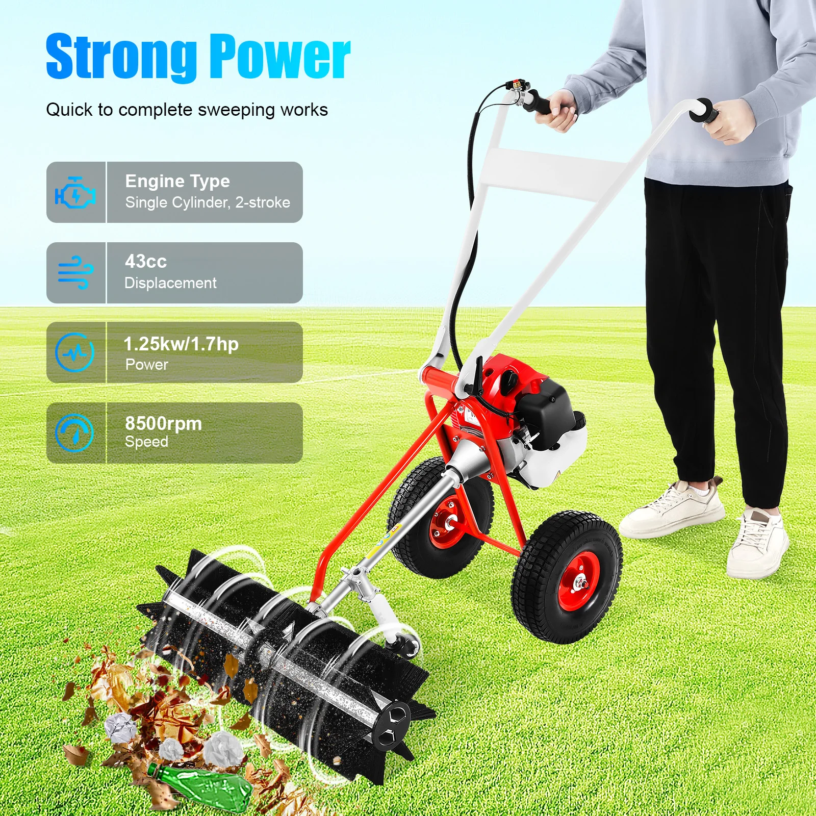

43CC 1.7HP Hand Push Sweeping Machine Broom Gasoline Power Single-cylinder Air-cooled 2-stroke Gasoline Engine