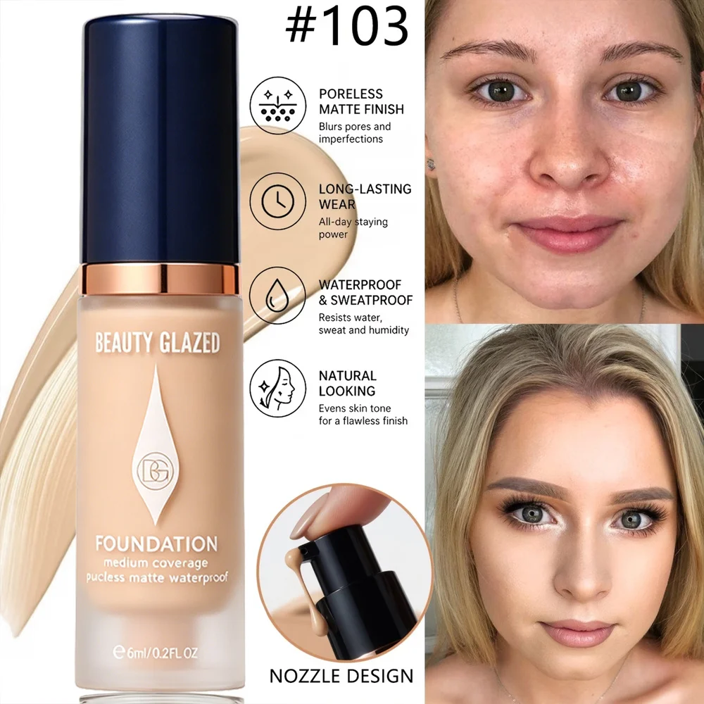 Matte Full-Coverage-Foundation – Erhältlich in 6 Farbtönen, langanhaltendes mattes Finish, wasserfest und schweißresistent, Mini-Reisegröße. – Detail 10