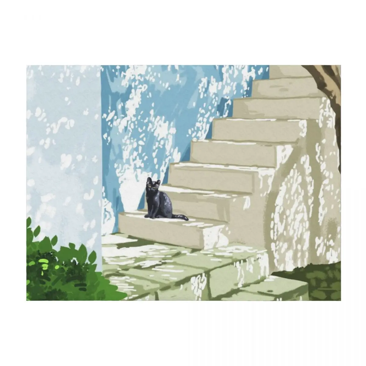 

Black cat on the steps Poster, Greece Santorini summer travel pet painting Throw Blanket Loose Polar Furrys Blankets