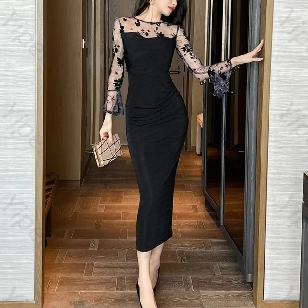 エレガントな O ネック長袖イブニングドレスセクシーなプリーツセレブドレス絶妙な高品質プロムパーティードレス女性カスタマイズ