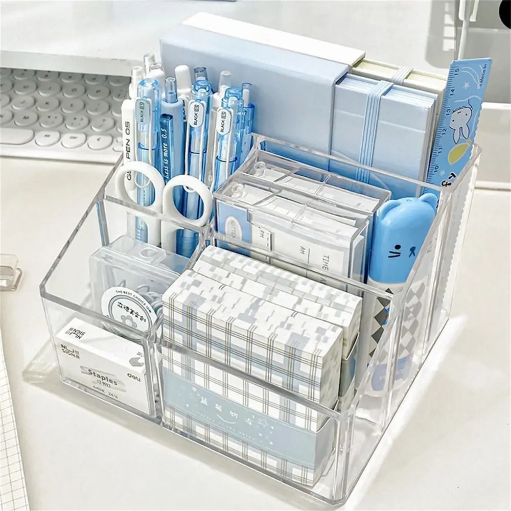 

Transparent Desk Pen Holder Large Capacity Pen Stand Pencil Storage Box 5-Grid Multifunction Stationery Organizer Home Office