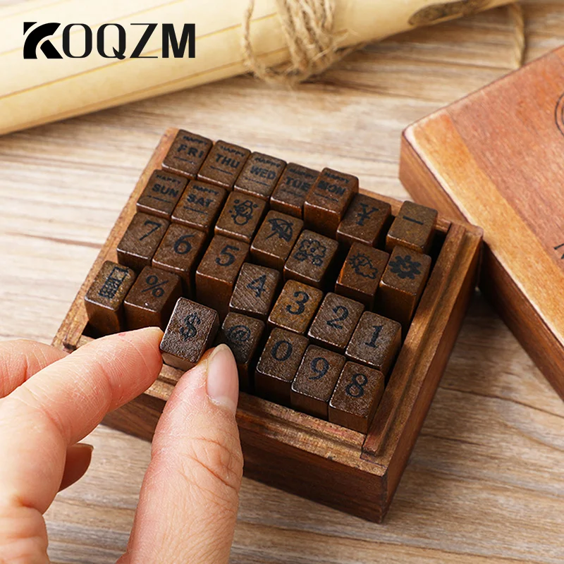 

28Pcs Alphabet Stamps Vintage Wooden Rubber Letter Standard Stamp Set For Craft Card Making Planner Scrapbooking Journals