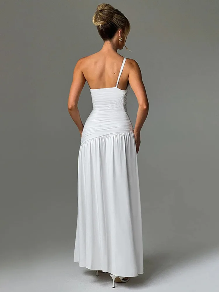 NEW Sleeveless High Split Maxi Dress for Women Fashion Single Shoulder Strap Off-shoulder Backless Bodycon Sexy Long Dress