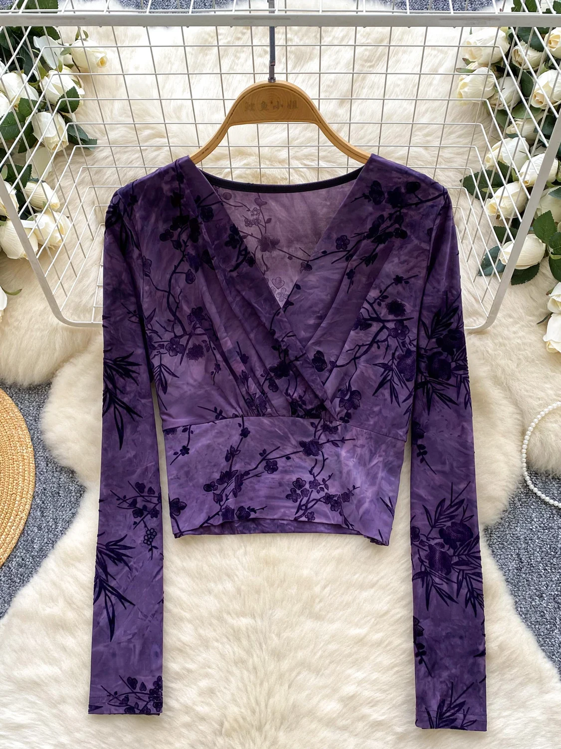 Damen Cross V-ne Long Sve Floing Me T-Shirt ort Sle Autumn High Faion Sensation Commute Sle Koreanische Version