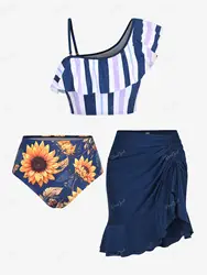 ROSEGAL Traje de baño Tankini acolchado de tres piezas para mujer de talla grande, conjunto de Bikinis Colorblock a rayas, o trajes de baño estampados étnicos morados